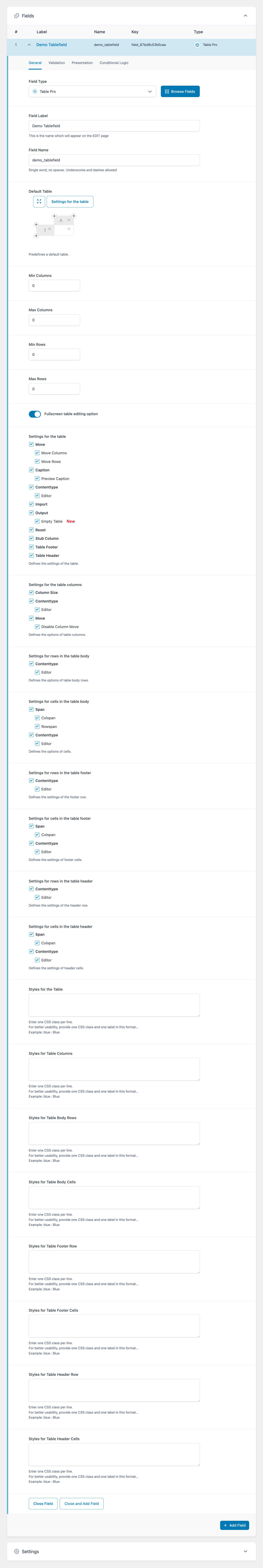 Shows the field settings page.