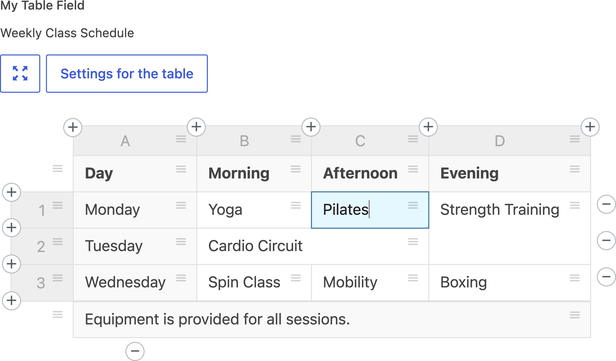 Shows the table field in edit mode